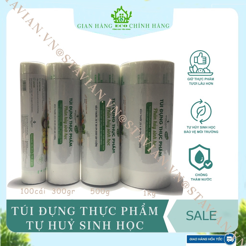 Túi đựng thực phẩm tự hủy sinh học siêu thị green eco KT 100 túi, 300g,500g,1kg.