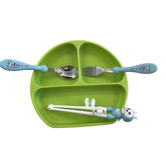 Khay ăn dặm cho bé bằng Silicon có đế hít chống đổ kèm thìa , dĩa, đũa tập ăn cao cấp