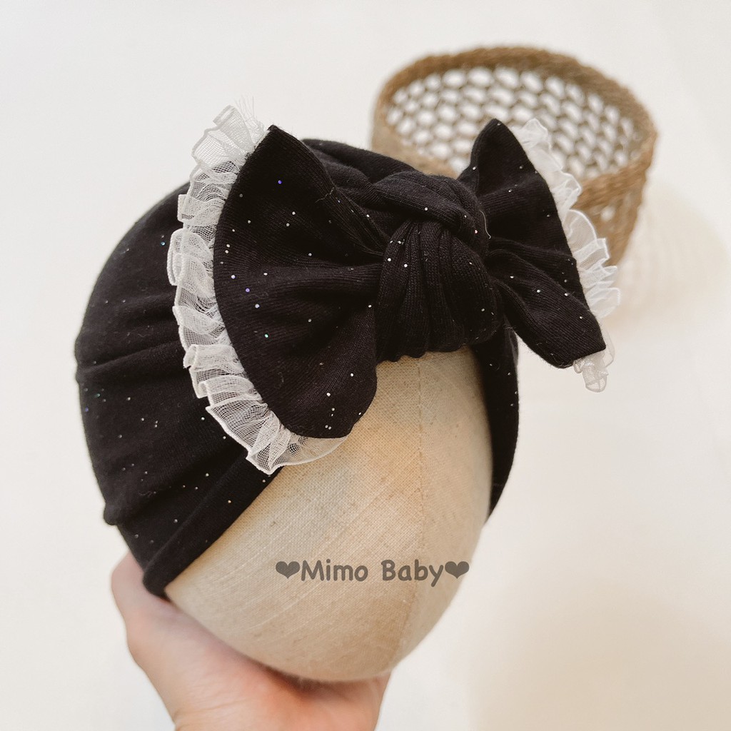 Mũ turban bé gái - Đen kim tuyến viền nơ trắng (4-8kg)