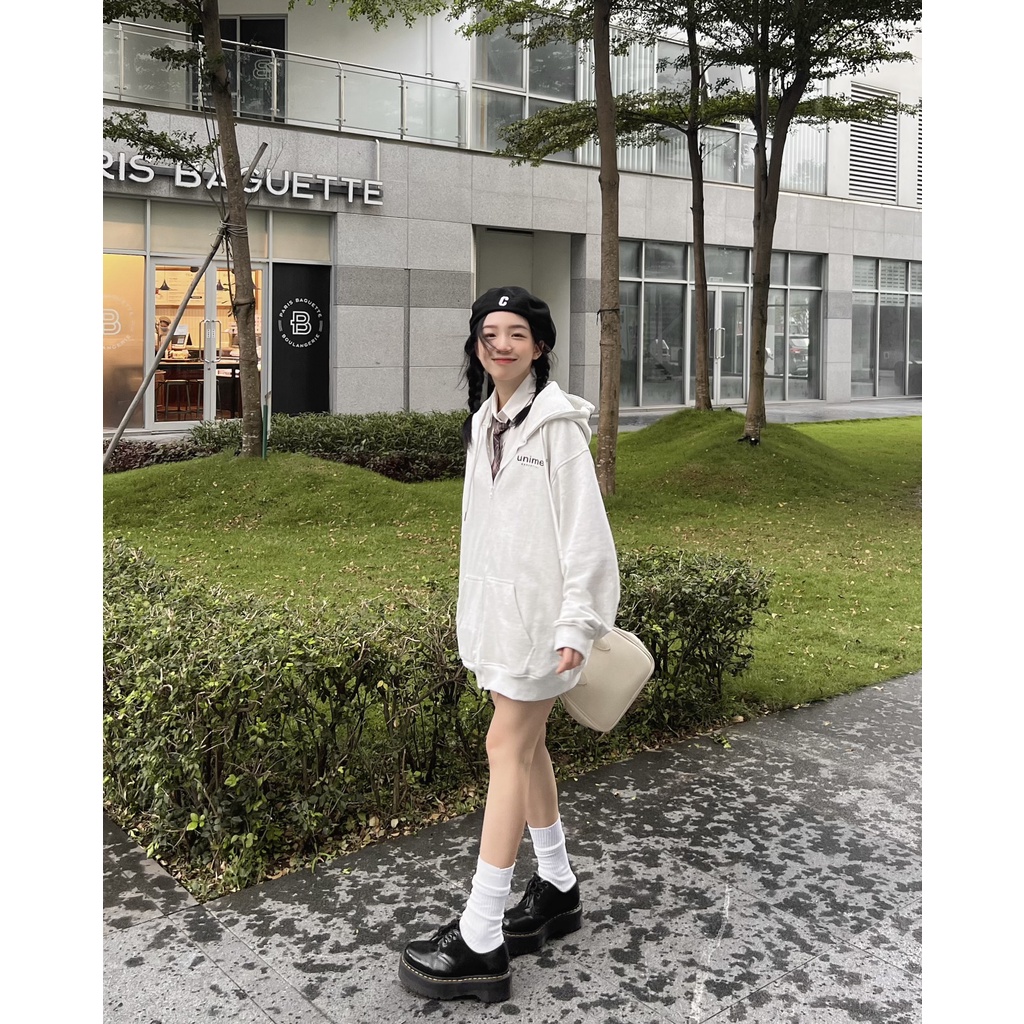 ÁO KHOÁC NAM/NỮ HOODIE ZIP UNIME BASIC ESSENTIAL - XÁM TRẮNG