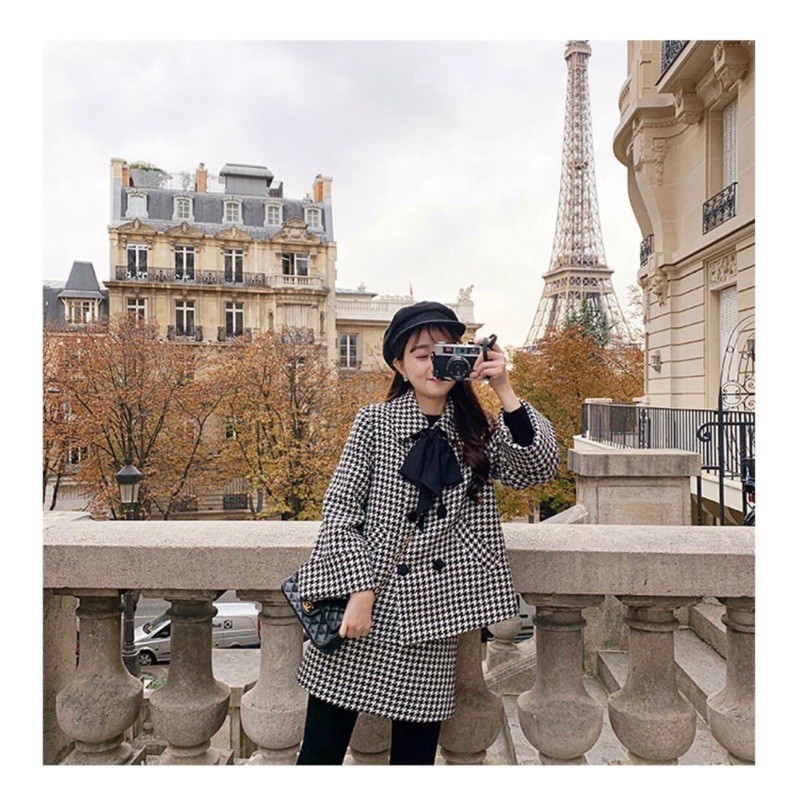 SÉT ÁO KHOÁC DẠ MIX CHÂN VÁY KẺ