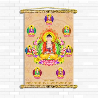 Tranh Liễn Phật Giáo - Tranh Dược Sư Lưu Ly Phật , Chất liệu vải canvas nẹp sáo gỗ