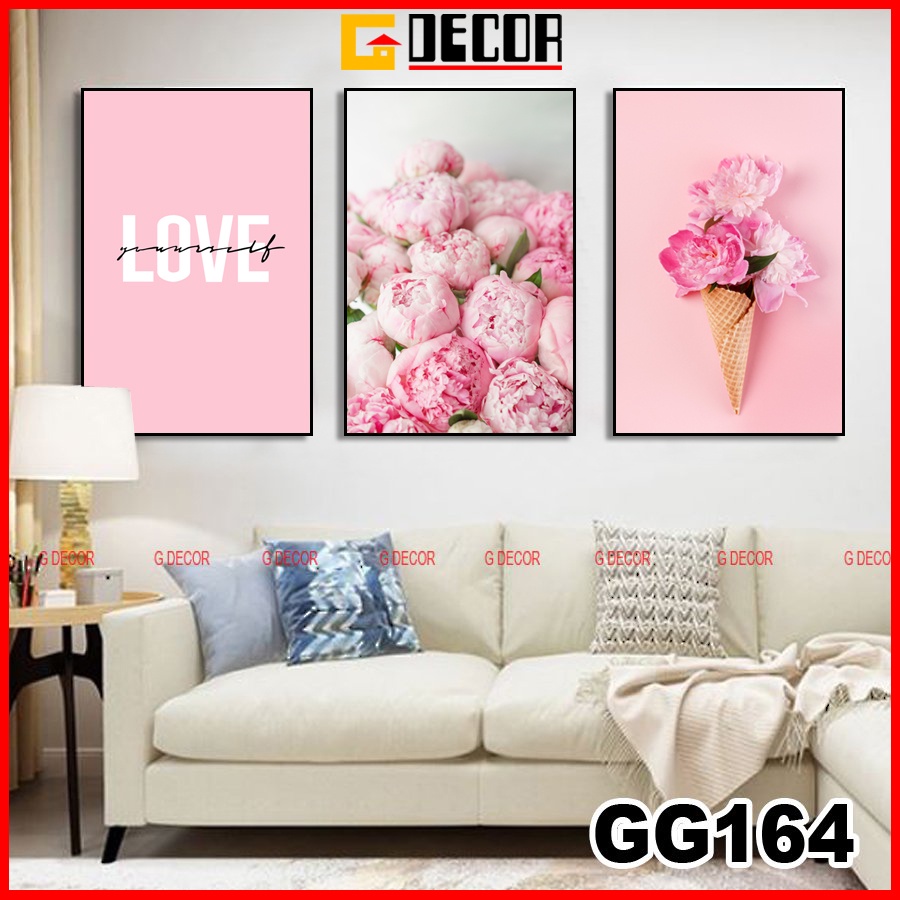 Tranh Treo Tường Canvas Khung Gỗ 3 Bức Phong Cách Hiện Đại Bắc Âu 164, Tranh Hoa Hồng Trang Trí Phòng Khách, Phòng Ngủ