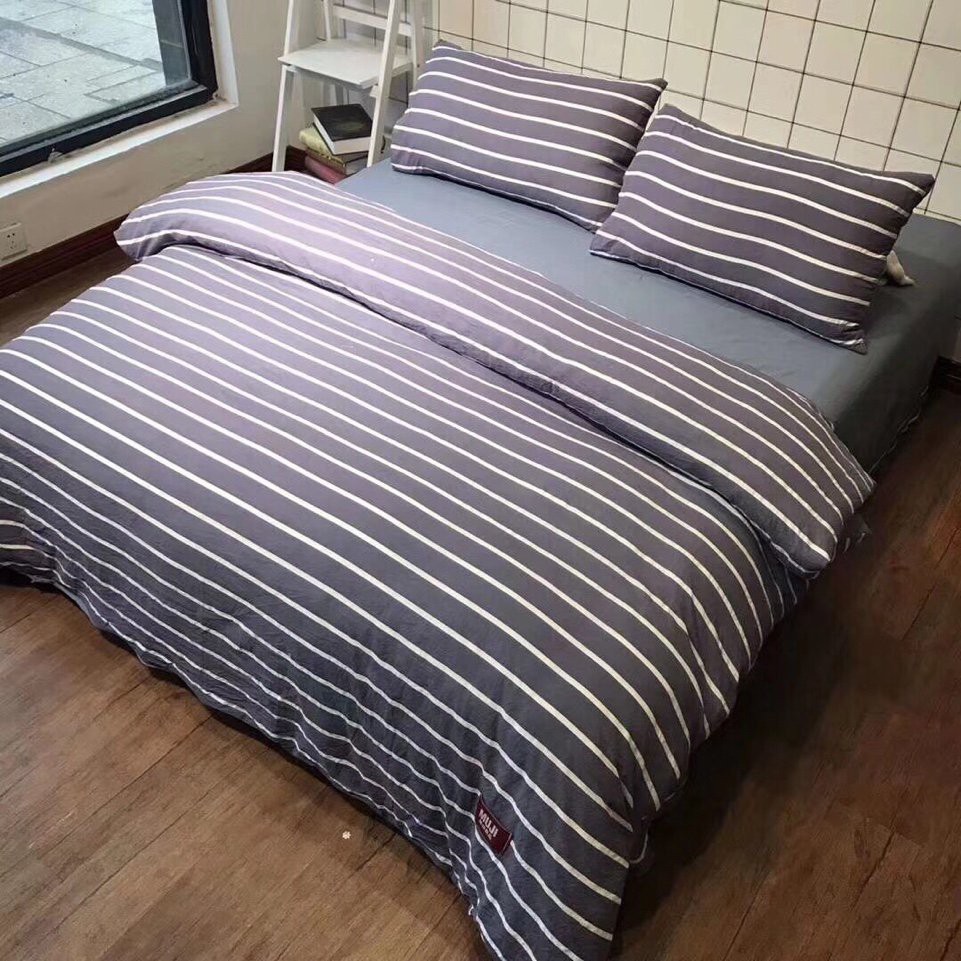 Bộ vỏ chăn ga gối cotton đũi MJ Lidaco cao cấp - Kẻ ghi ngang FSD