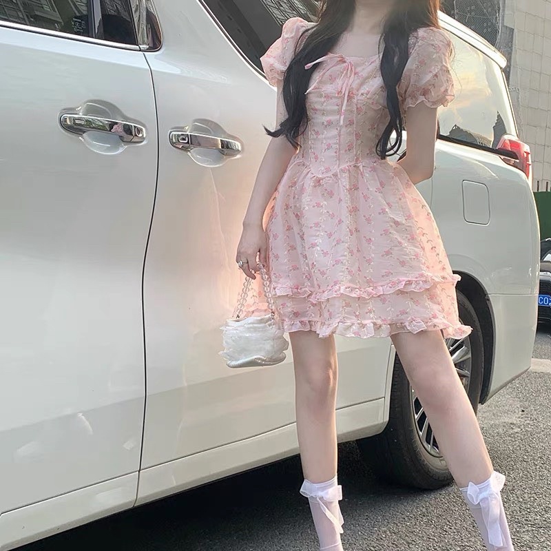 ĐẦM HOA HỒNG TAY BO BBD TẦNG BÈO