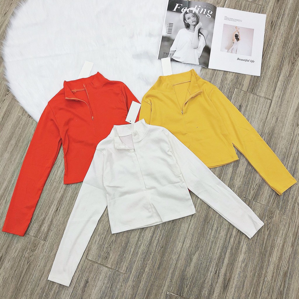 Áo kiểu croptop thun thái xinh mịn dây kéo cổ lọ tay dài hot hit cool