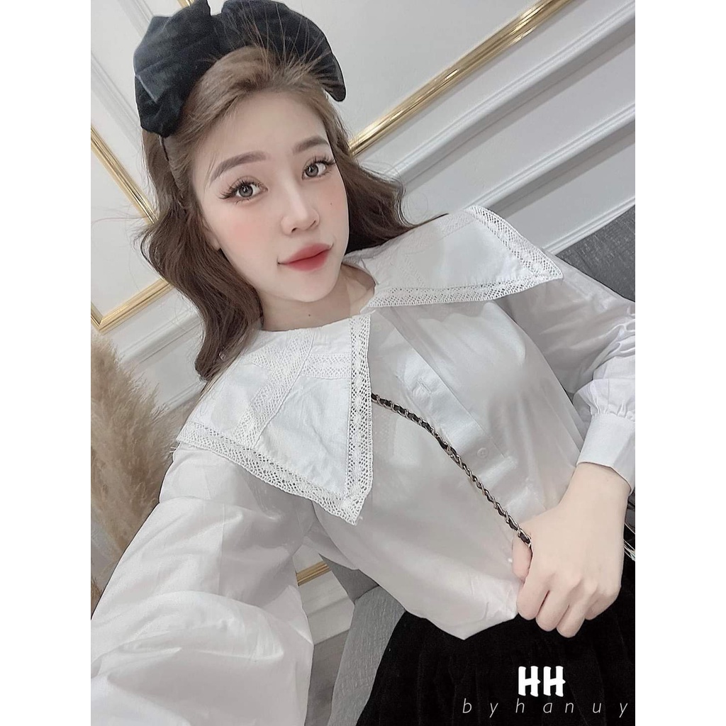 Sơ mi trắng cổ nhọn pha ren