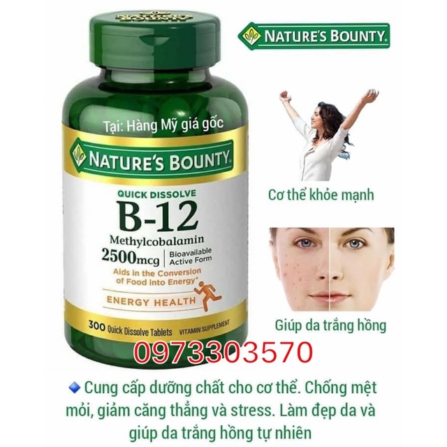 [Hàng Mỹ]date10/2025 Viên Bổ Sung Vitamin B12 Nature's Bounty B12 2500mcg 300 viên
