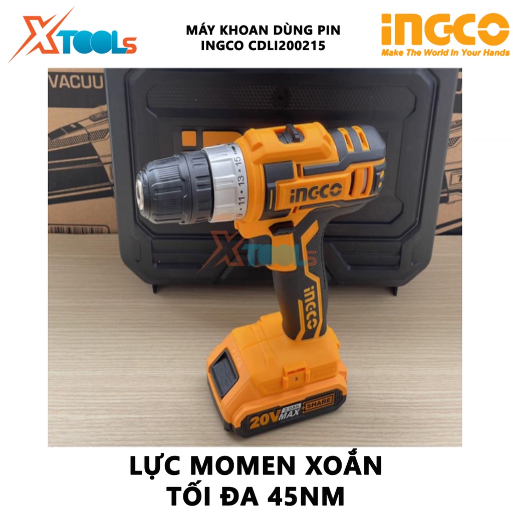 Máy khoan pin cầm tay 20V 10mm Ingco CDLI200215 hai tốc độ 400-1500rpm, lực mô men 45nm nhông cơ khí  2 tốc độ, kèm 2 pi
