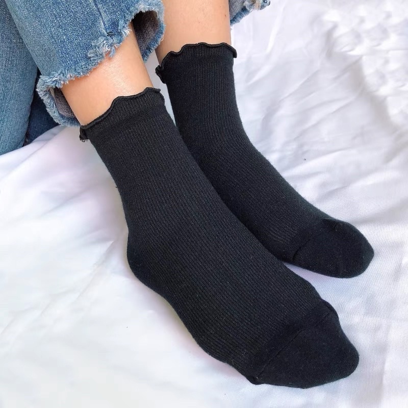 Tất cổ cao nữ bèo nhún, vớ bèo nhún nữ cổ cao màu trơn basic thời trang Vintage Hàn Quốc