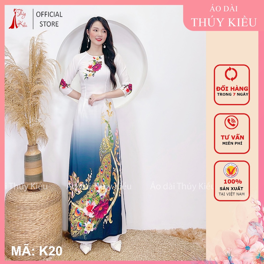 Áo dài truyền thống thiết kế may sẵn cách tân nữ tết nền trắng con công K20 Thúy Kiều mềm mại co giãn áo dài giá rẻ