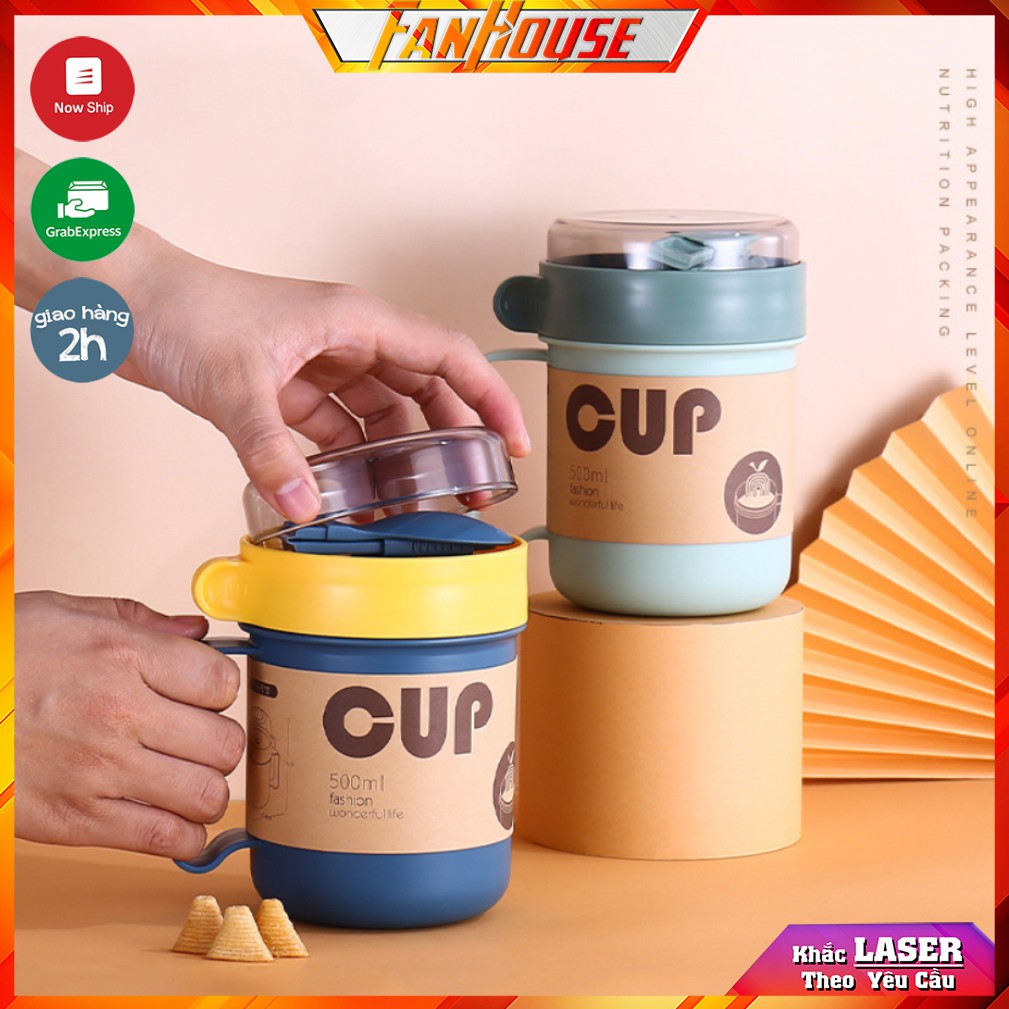 Cốc đựng canh 500ml giữ nhiệt 8h chống tràn tuyệt đối Fan House tặng kèm thìa dĩa đa năng, bộ cọ rửa