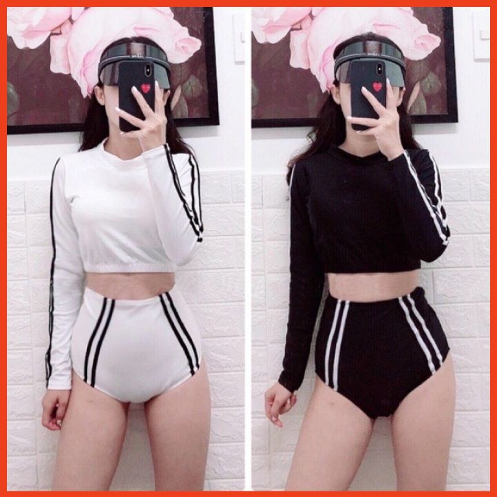 Bikini 2 Mảnh Dài Tay Kẻ Sọc Bộ Đồ Bơi Phối Màu Đơn Giản