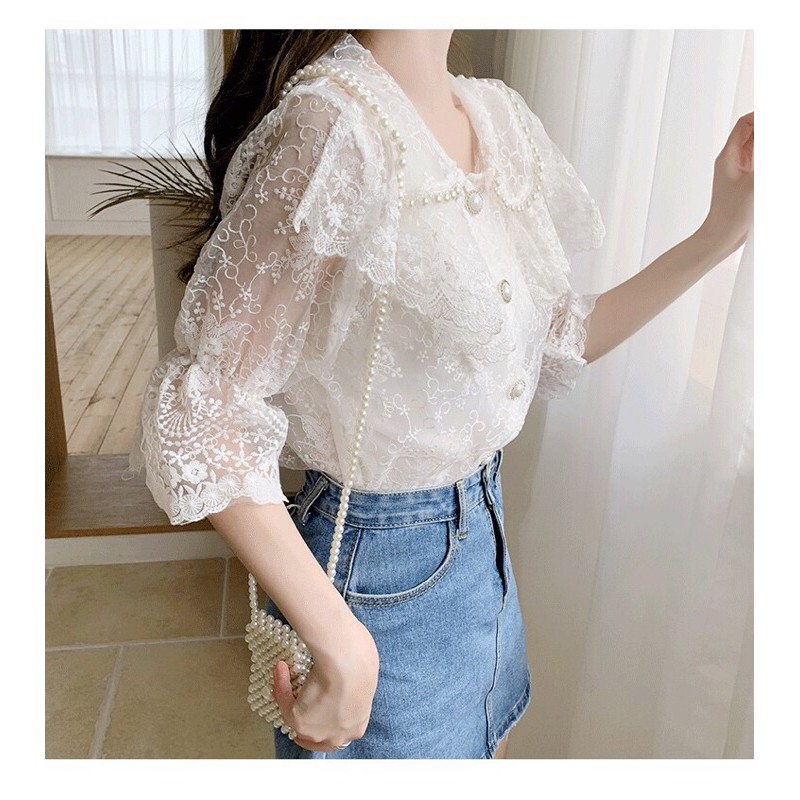 ÁO KIỂU NỮ 🎀 HOẠ TIẾT REN CỔ SEN VIỀN NGỌC TRAI GIẢ 🎀 PHONG CÁCH TIỂU THƯ NHẸ NHÀNG DỄ THƯƠNG