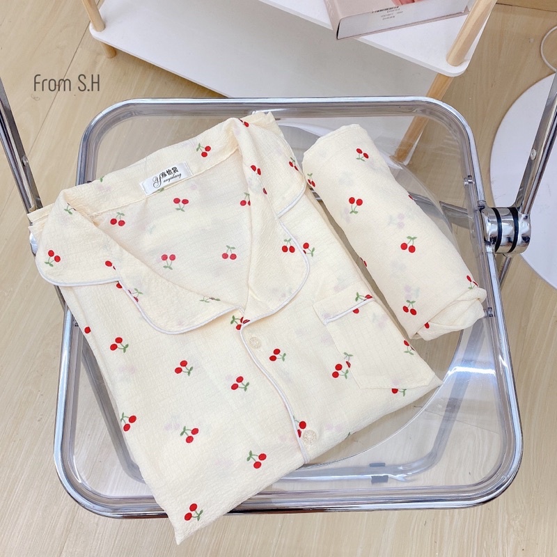 Bộ pijama thu đông mặc nhà nữ chất đũi xốp áo dài quần dài