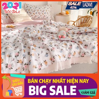 Bộ chăn ga gối cotton hoạt tính chăn trần, phối bèo trắng,Mẫu CTHT005