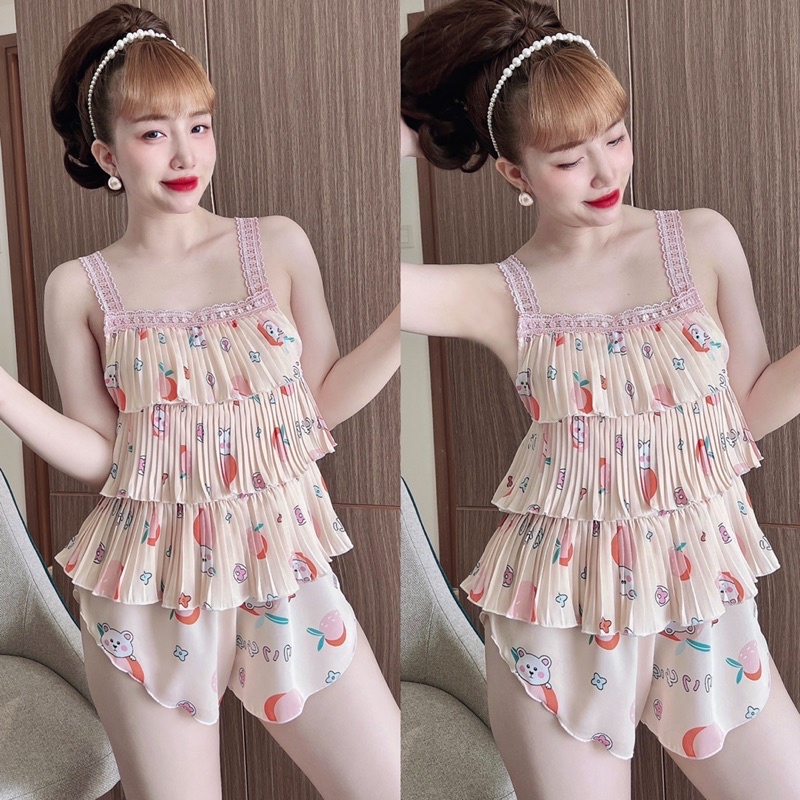 (Dưới 65kg) Đồ bộ mặc nhà 2 dây áo dập ly 3 tầng phối quần đùi ngắn cực sexy và mát cho bạn nữ
