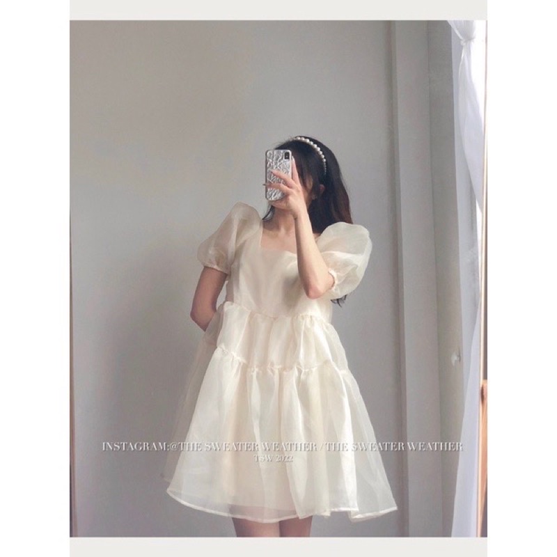 Váy Babydoll Voan Tơ Bồng Bềnh 2 Lớp Cổ Vuông Vintage( Hàng Có Sẵn, Ảnh Thật)