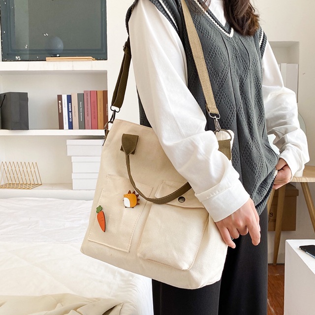 Túi tote vải canvas FREESHIP đeo chéo đeo vai ulzzang hàn quốc xinh xắn ( có kèm sticker )