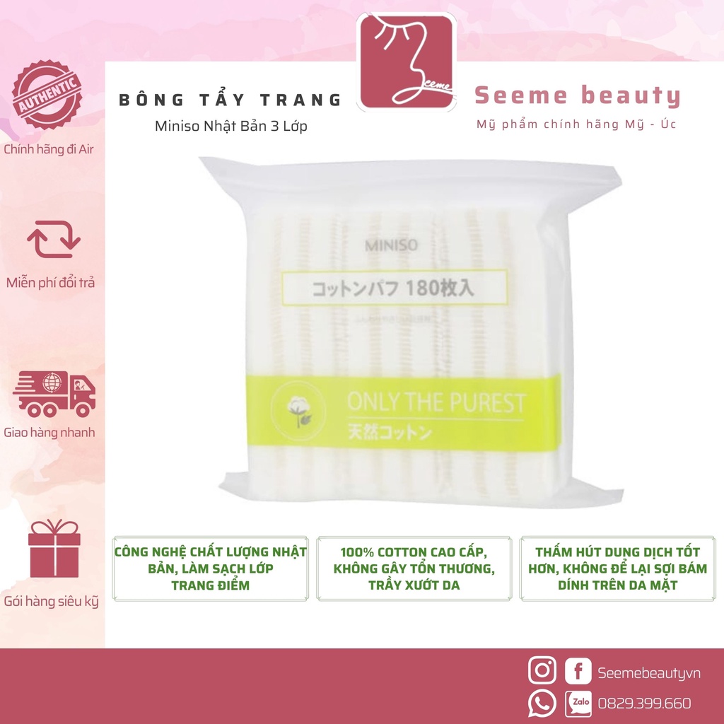 Bông tẩy trang MINISO Nhật Bản 3 Lớp 180 miếng 1000 miếng SeemeBeauty TC-003