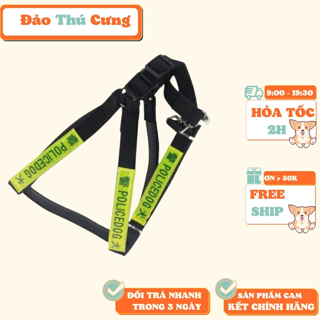 Dây dắt chó police phản quang phát sáng trong đêm dạng dây dắt kèm yếm đai yên ngựa cho chó cảnh sát