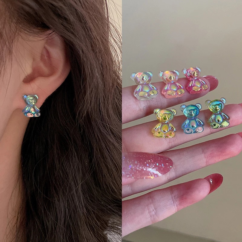Khuyên Tai Gấu Hoạt Hình Màu Sắc Ngọt Ngào Đáng Yêu Phong Cách Hàn Quốc