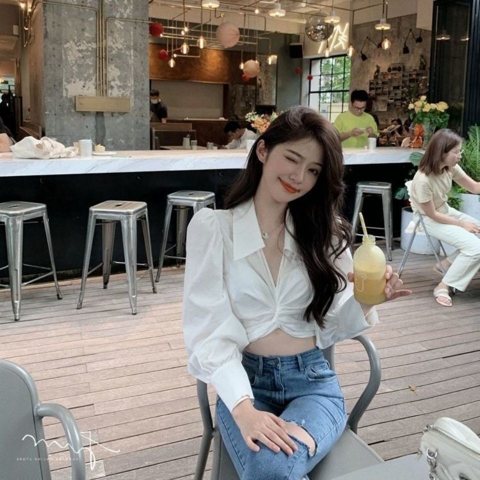 Cổ Phiếu Sẵn Sàng❣Áo Sơ Mi Nữ Tay Dài Cổ Cao Dáng Ôm Thời Trang Xuân Thu Quyến Rũ 2022