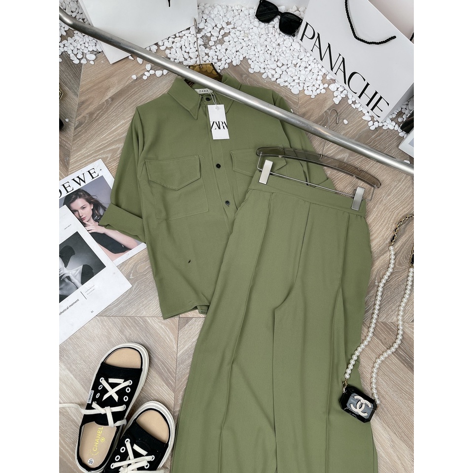 Set đũi xanh cổ đức mix quần ống sớ cao cấp