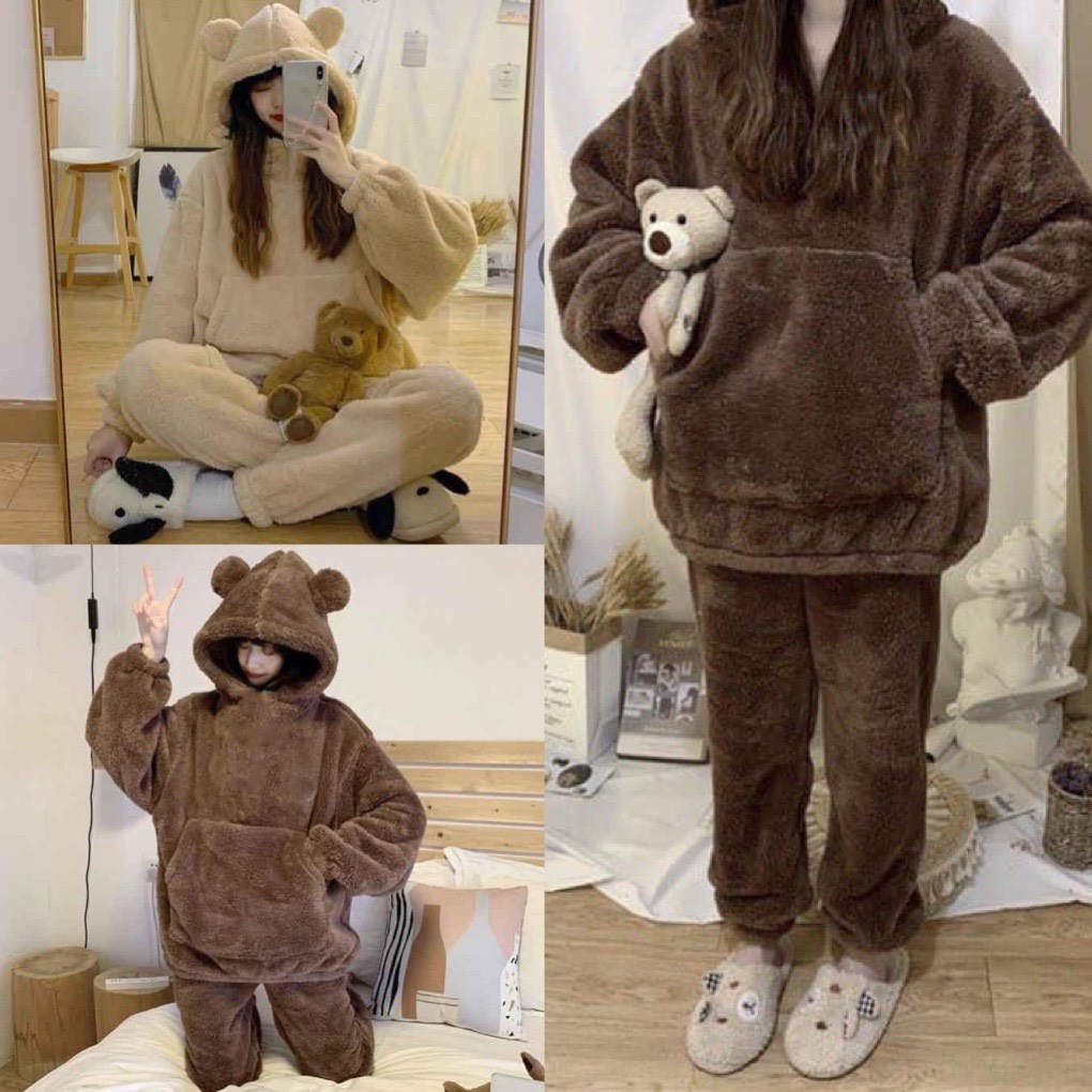 Bộ đồ mặc nhà lông gấu HOODIE 2 mầu nâu be ,bộ ngủ lông cừu ấm áp vào mùa đông- NENEFASHION