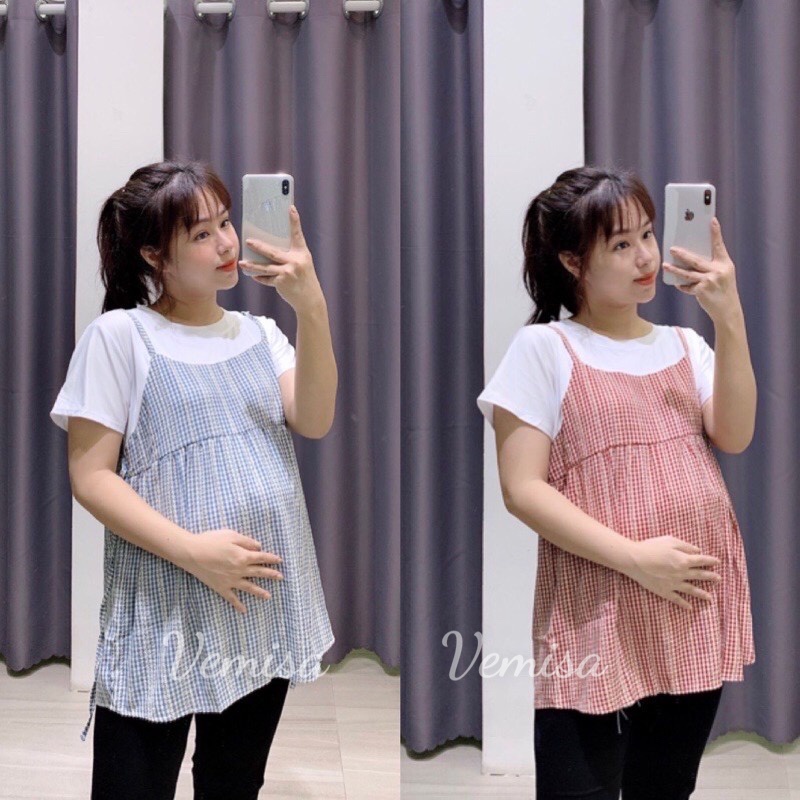 Áo Bầu trắng phối giả Yếm kẻ Hoa điệu đà cho các mẹ Bầu mặc nhà và đi chơi A099