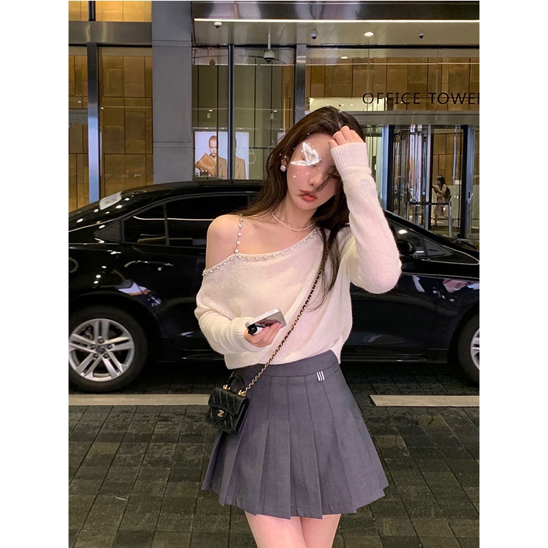 Porozi  Áo sweater dệt kim tay dài trễ vai phong cách Hàn Quốc thời trang cho nữ