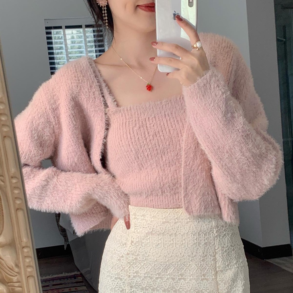 Set áo khoác cardigan giả lông chồn màu sắc thời trang cho nữ
