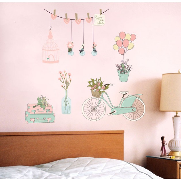 Decal trang trí tường Xe đạp và chậu hoa Màu dịu dàng