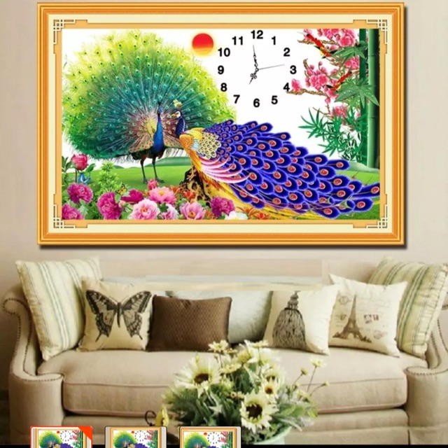 Tranh Thêu Chữ Thập Đồng Hồ Đôi Công- KT: 85x55cm