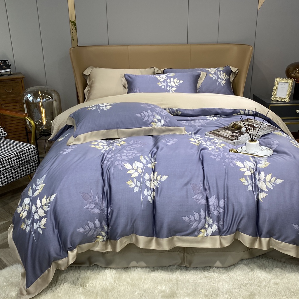 Bộ chăn ga gối cao cấp 100%Tencel 100s, họa tiết Lá dương sỉ Pháp, màu sắc sang trọng, chất liệu siêu mềm mát mịn