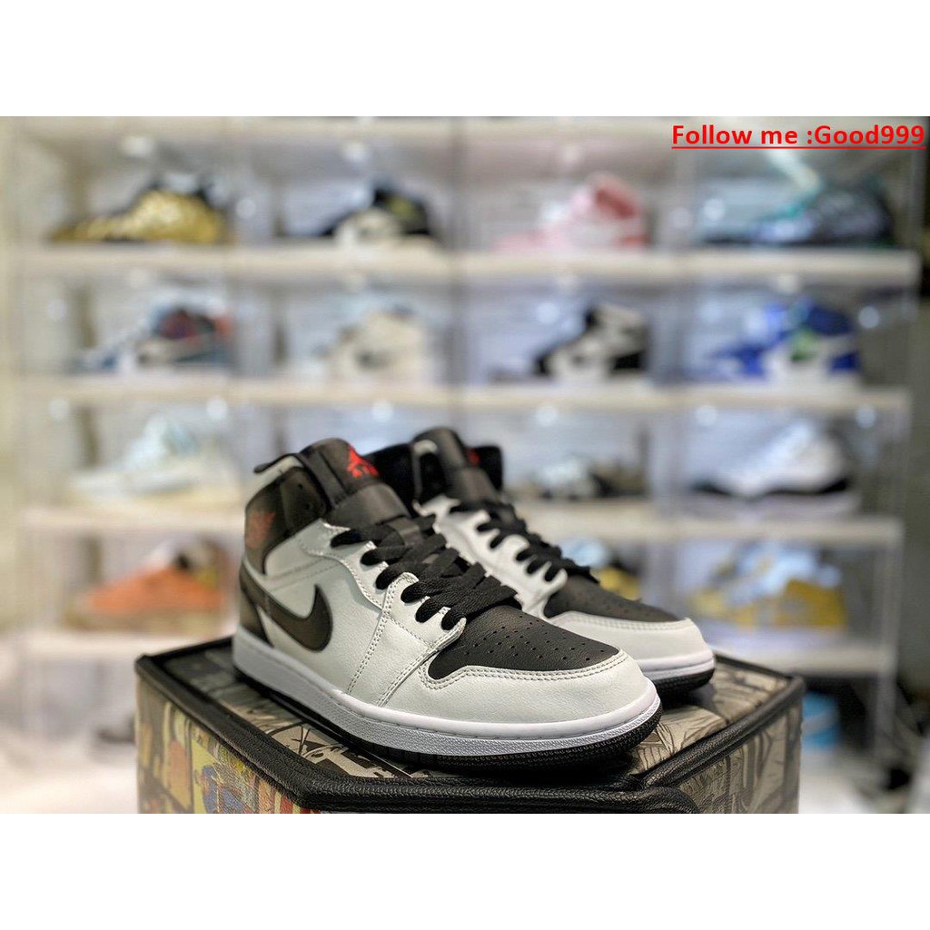 (Good999)   Air Jordan 1 Mid White Black Red Black and white reverse