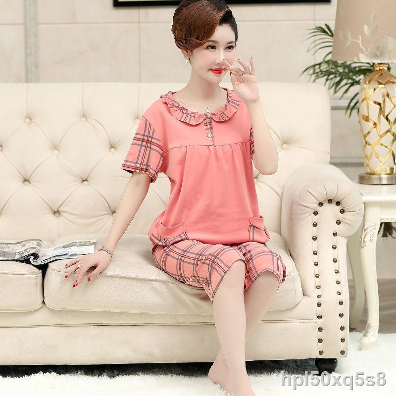 Đồ ngủ nữ quần dài cotton ngắn tay plus size phục vụ tại nhà cho người trung niên và lớn tuổiOO