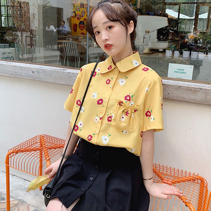 Áo kiểu chất Chiffon tay ngắn hoạ tiết hoa thiết kế cổ bẻ thanh lịch