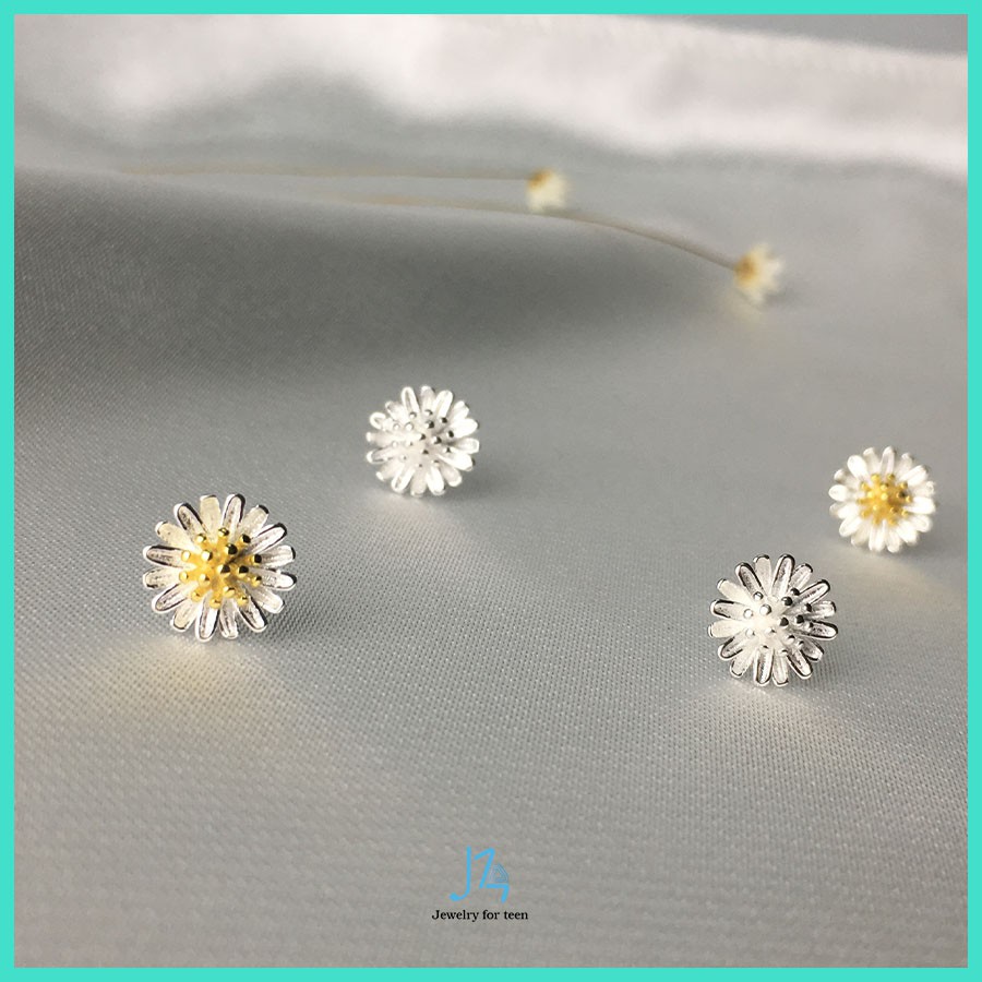 Khuyên tai nữ Bạc 925 hình Hoa cúc họa mi Vàng và Trắng - Bông tai Bạc cao cấp cực trend - J14 Jewelry