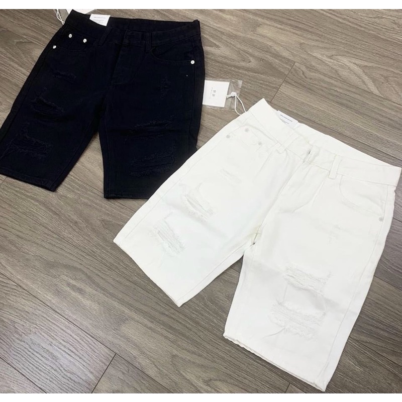 Quần short thời trang nam mùa hè, Quần bò lửng có hoạ tiết rách hai mầu trắng đen phong cách hàn quốc btshop từ 28-32