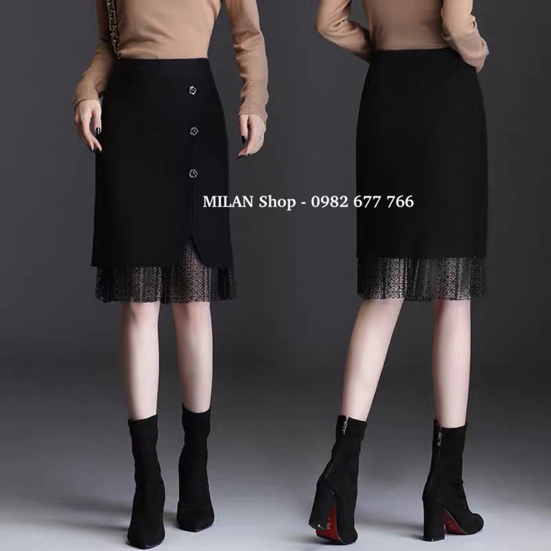 Chân váy len phối ren đính khuy hoa trà sang chảnh | BigBuy360 - bigbuy360.vn