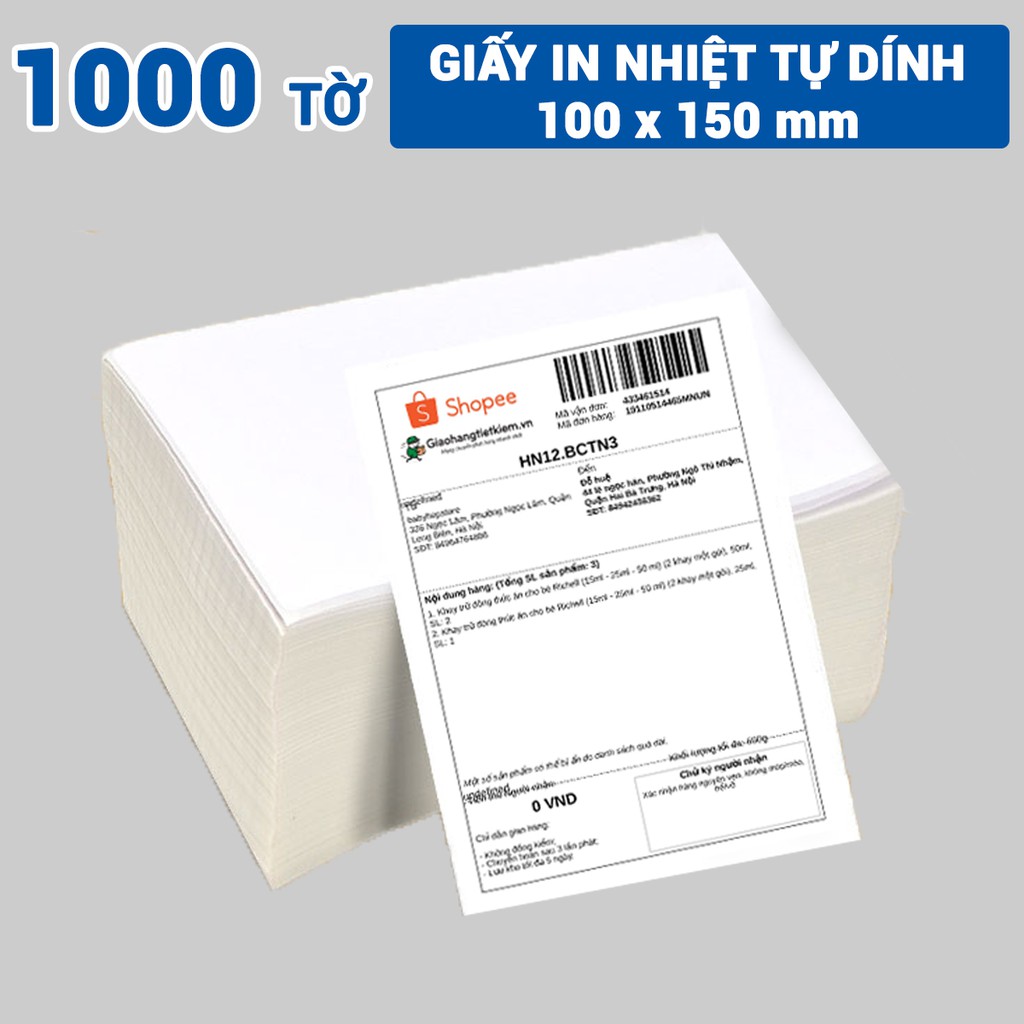 1000 tờ giấy in tự dán máy in TMĐT Size 100x150mm