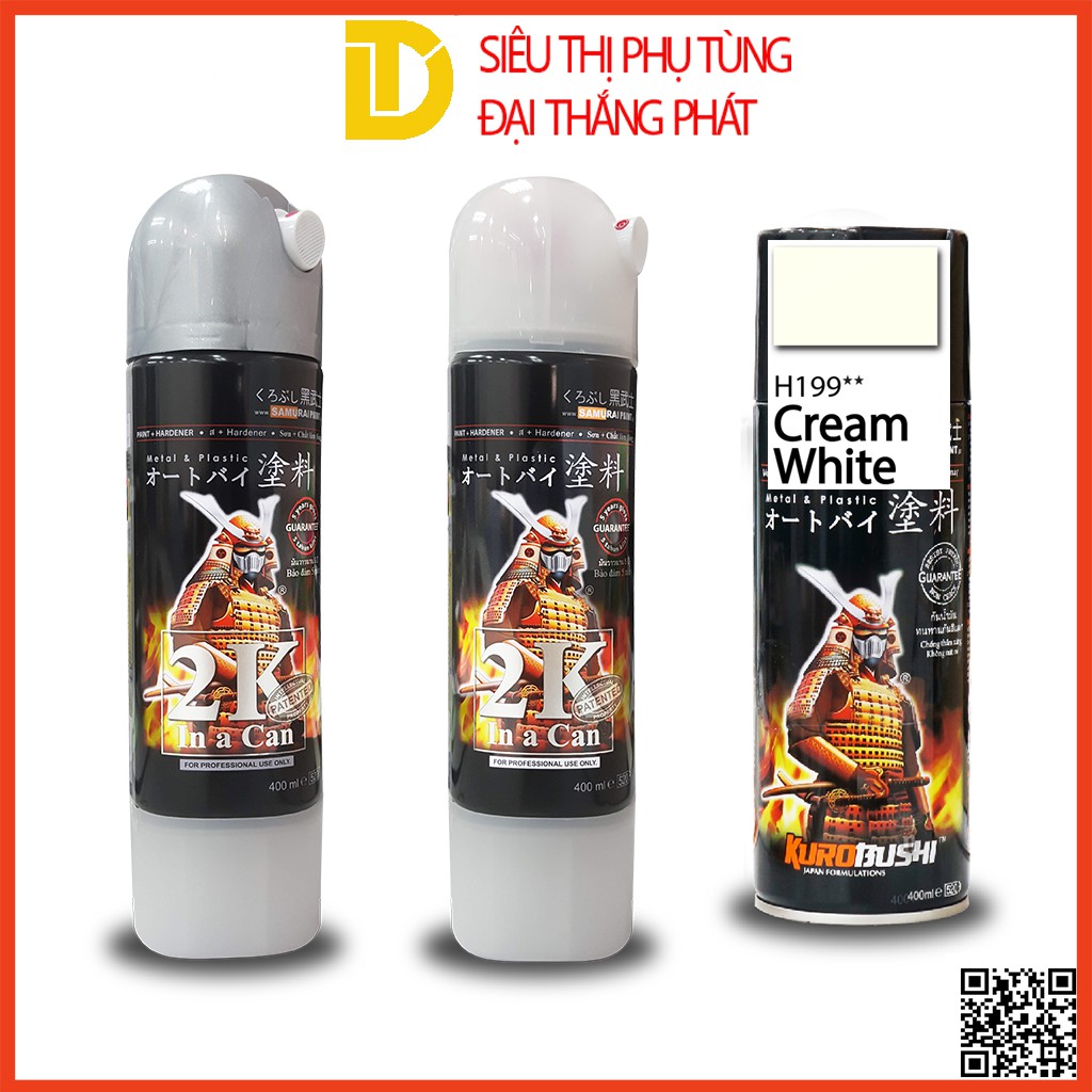 Combo cao cấp Sơn Samurai, sơn xịt xe máy màu trắng kem H199 (Lót: 2K04, nền trắng 2/102, Màu trắng kem H199, Phủ 2K01)