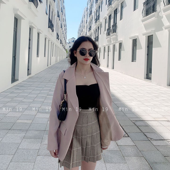 Áo vest nữ blazer công sở 2 lớp Hàn Quốc trơn dáng rộng tay dài túi nắp kiểu bigsize cá tính màu đen be nâu thời trang