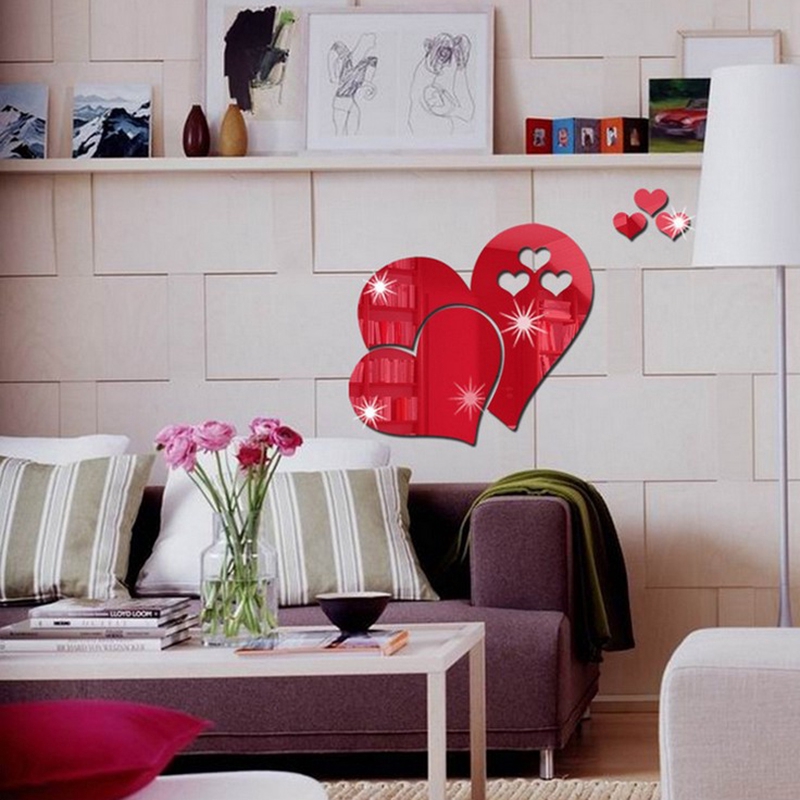 3D Heart Mirror Wall Sticker DIY Bedroom Acrylic Home Decor