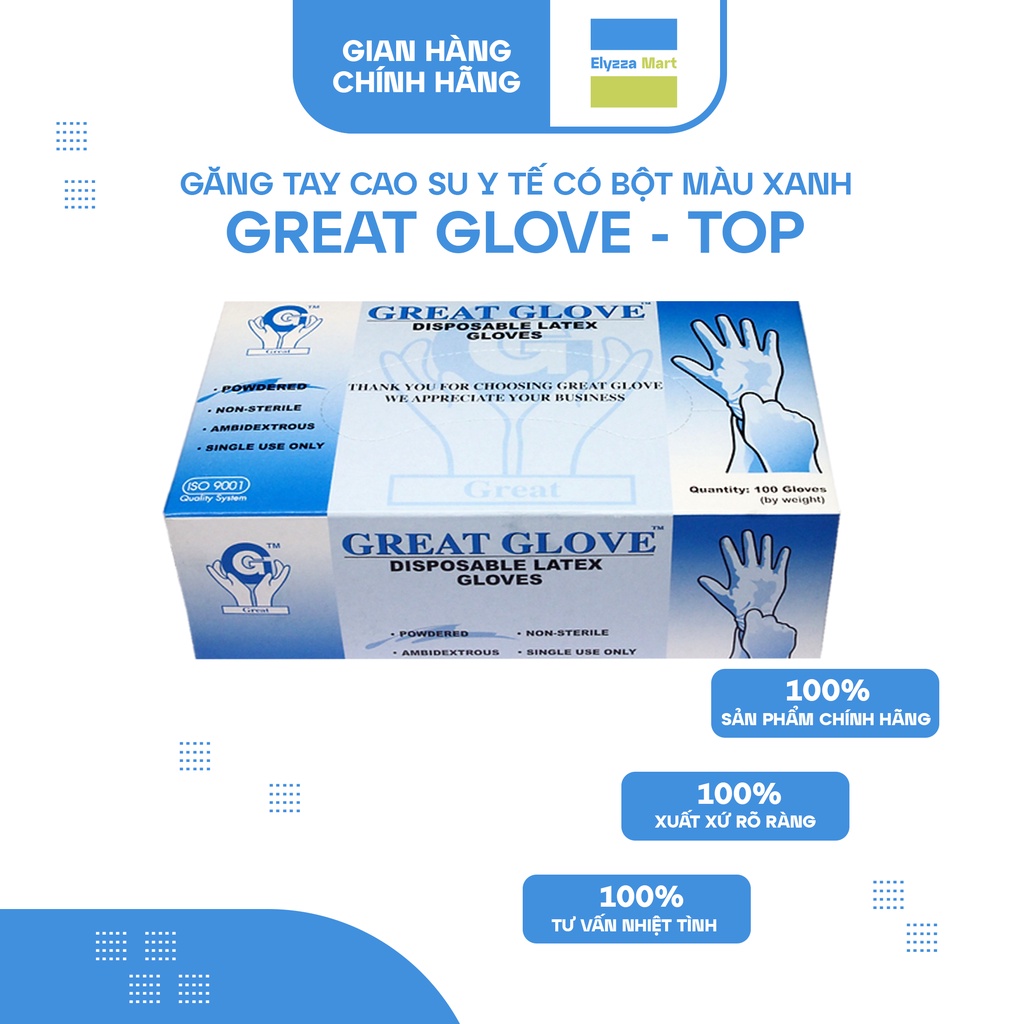 Găng Tay Y Tế Latex Có Bột Màu Xanh Top Gloves (Hộp 100 Chiếc)