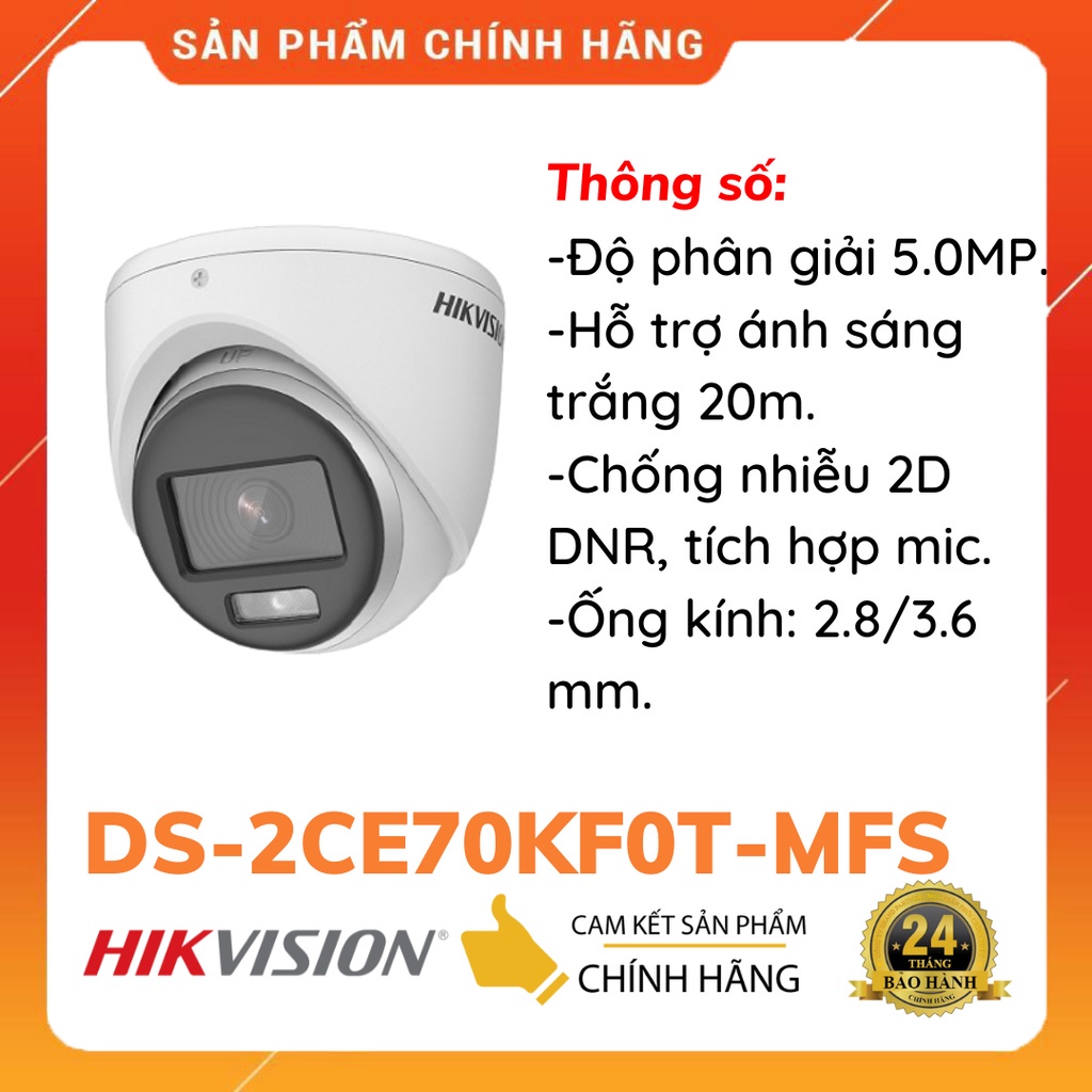 Camera analog TVI 5MP có mic, ColorVu full Color có màu 24/24 HIKVISION 2CE70DF3T-PFS  (chính hãng Hikvision Việt Nam)