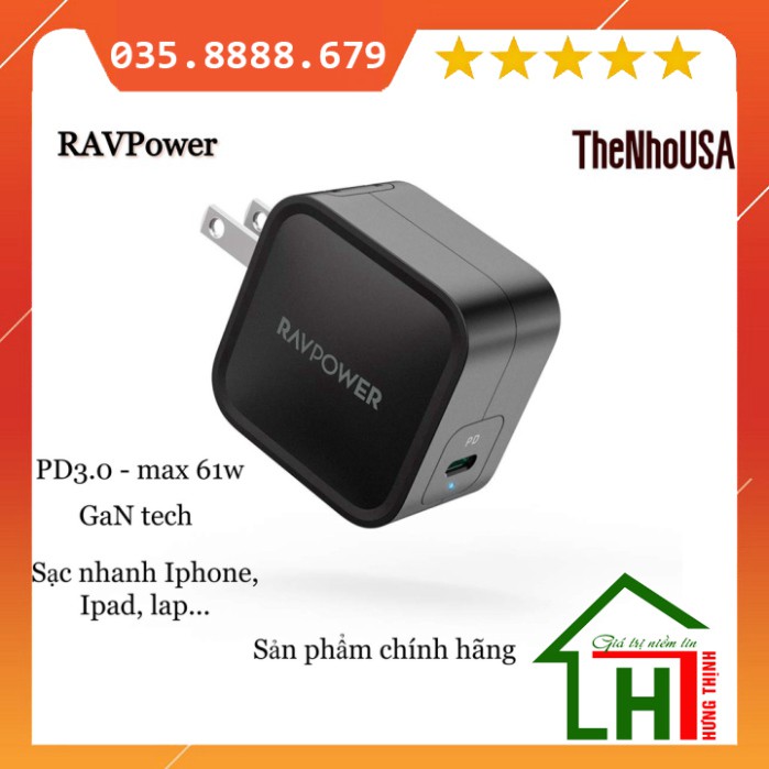 [Chính hãng ]  Sạc RAVPower Type C - 61w - GaN (RP-PC112) [ Hưng Thịnh computer]