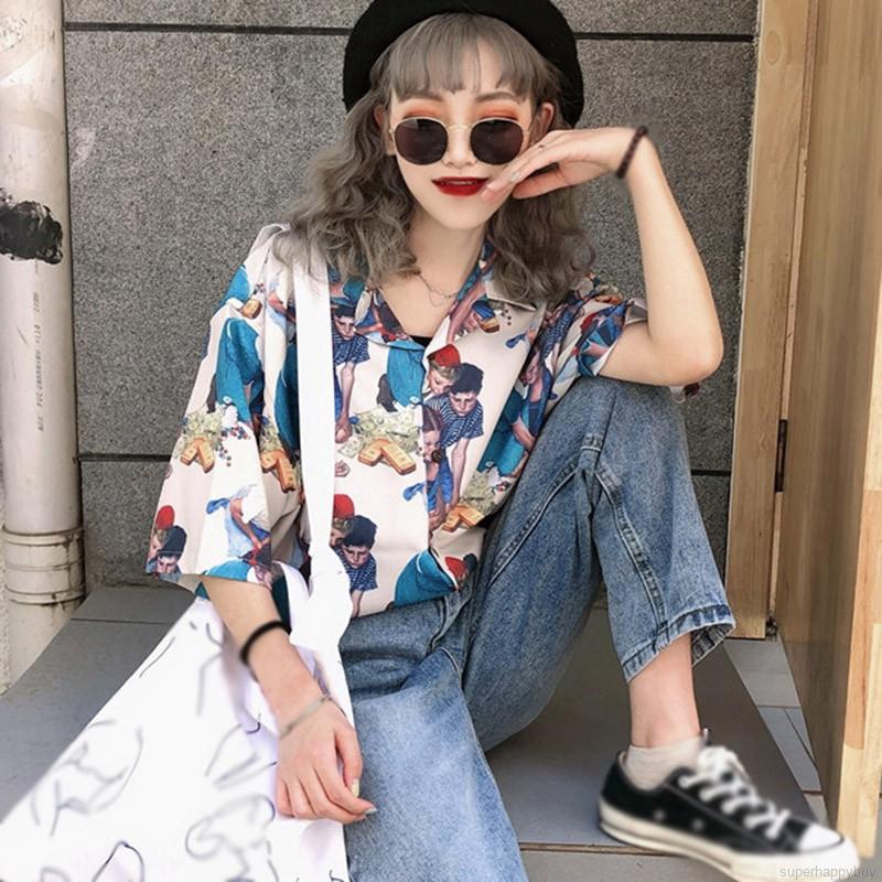 Áo Sơ Mi Tay Ngắn Dáng Rộng Phong Cách Retro Cho Nữ