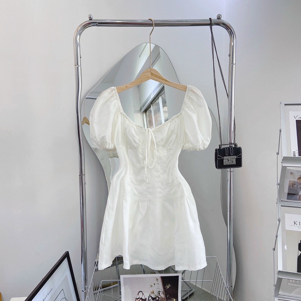 Đầm Trắng Cổ Vuông 💖DEMISS💖 Váy Trắng Cổ Vuông Tay Phồng Dáng Eo Quyễn Rũ - V-Trắng-29